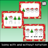 three cards with various santa and tree patterns showcase iconic, stick, and standard musical notation for rhythm