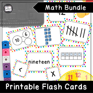 a display of number sense flashcards including tally marks, base ten blocks, number bonds, and more