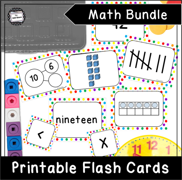 a display of number sense flashcards including tally marks, base ten blocks, number bonds, and more