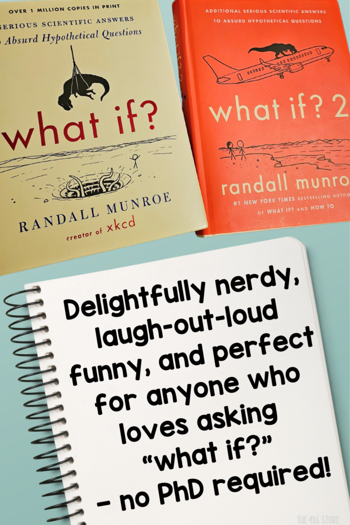 Book covers of Randall Munroe's What It? Books 1 and 2 with a text "delightfully nerdy" review on a notepad